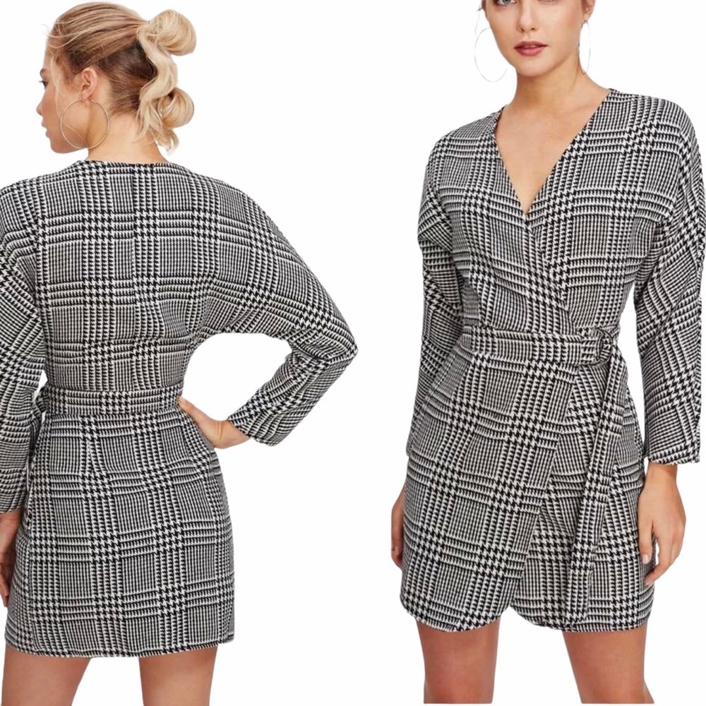 Houndstooth plaid wrap mini dress cardigan silver buckle self tie dolman sleeve